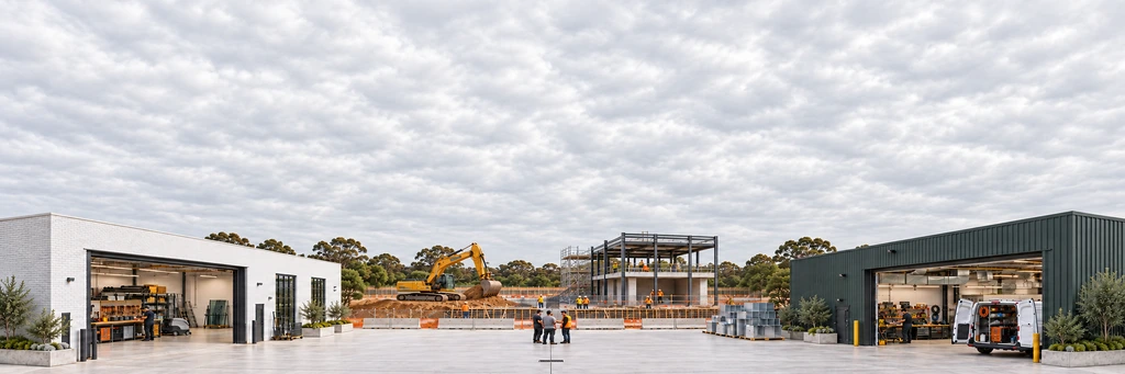 Illustration of a shared trade yard beneath a cloud-filled sky, with workshops, construction equipment, and a van with open rear doors.